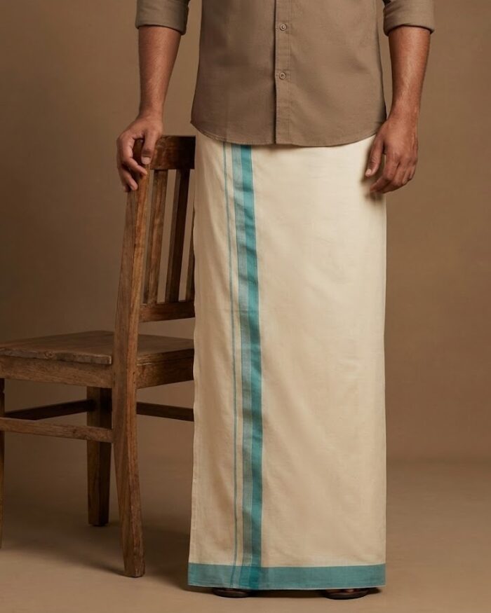 lungi 47 Kerala Handloom Blue with Silver Striped Dhoti (25) - Image 1