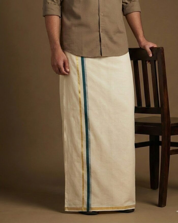 lungi 50 Kerala Handloom Dark green with Golden Striped Dhoti (11) - Image 1