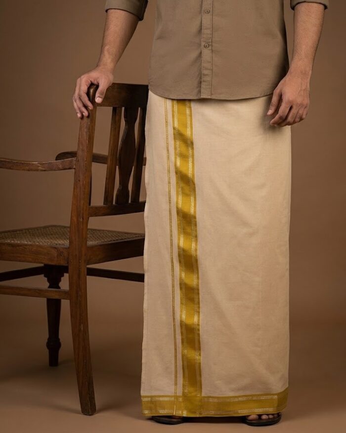 lungi 54 Kerala Handloom Dark Yellow Striped Dhoti (2) - Image 1