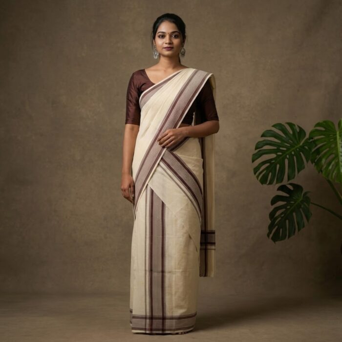 Kerala Handloom Set Mundu with Maroon Striped Borders (35) - Image 1