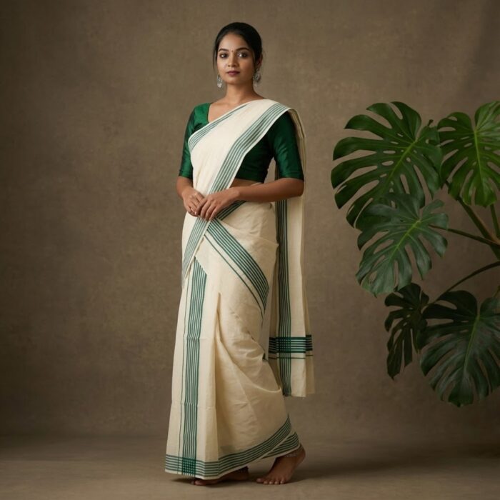 set mundu 26 Kerala Handloom Green Striped Set Mundu (17) - Image 1