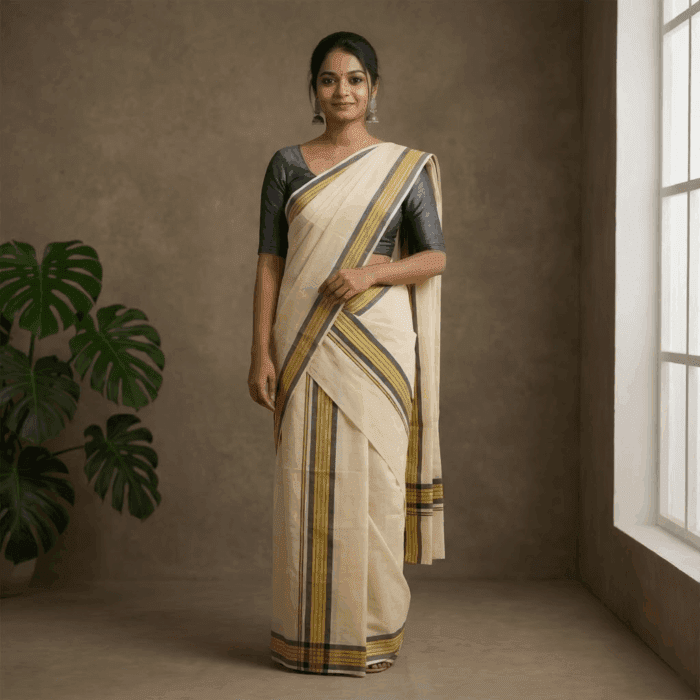 set mundu 28 Kerala Handloom Set Mundu Grey with Gold Borders (14) - Image 1