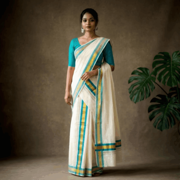 set mundu 29 Kerala Handloom Set Mundu Skyblue with Gold Borders (19) - Image 1