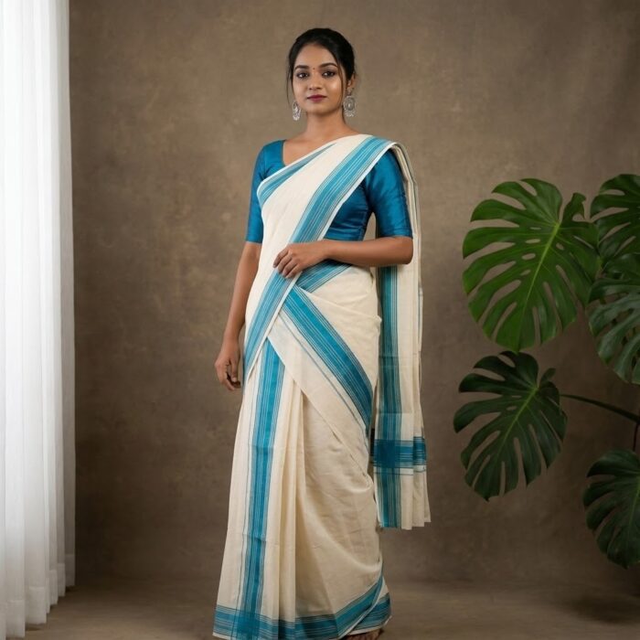set mundu 30 Kerala Handloom Set Mundu with Sky Blue Borders (9) - Image 1
