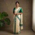Kerala Handloom Set Mundu with Green and Silver Borders (8)