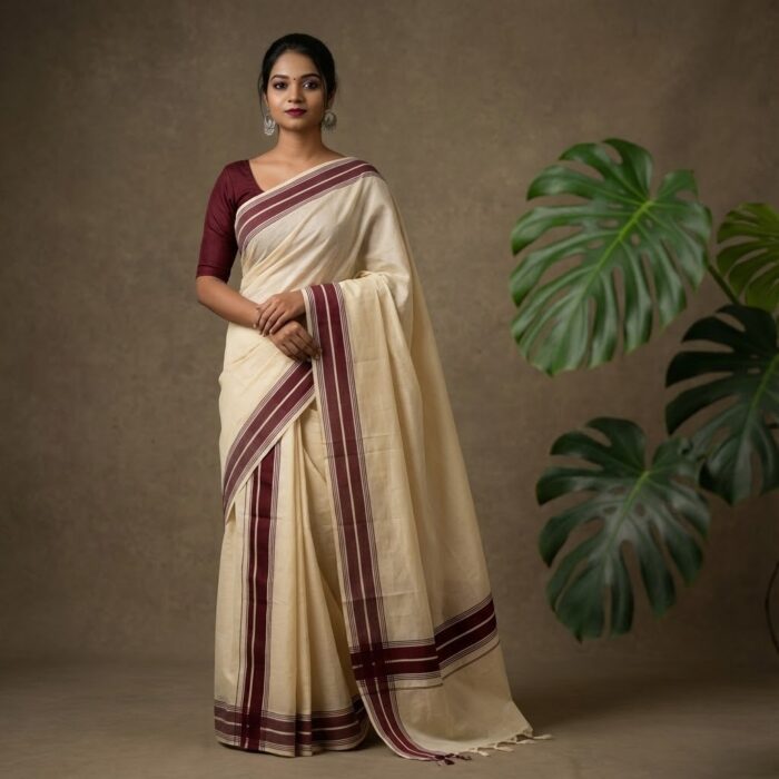 set mundu 32 Kerala Handloom Set Mundu with Maroon Borders (7) - Image 1