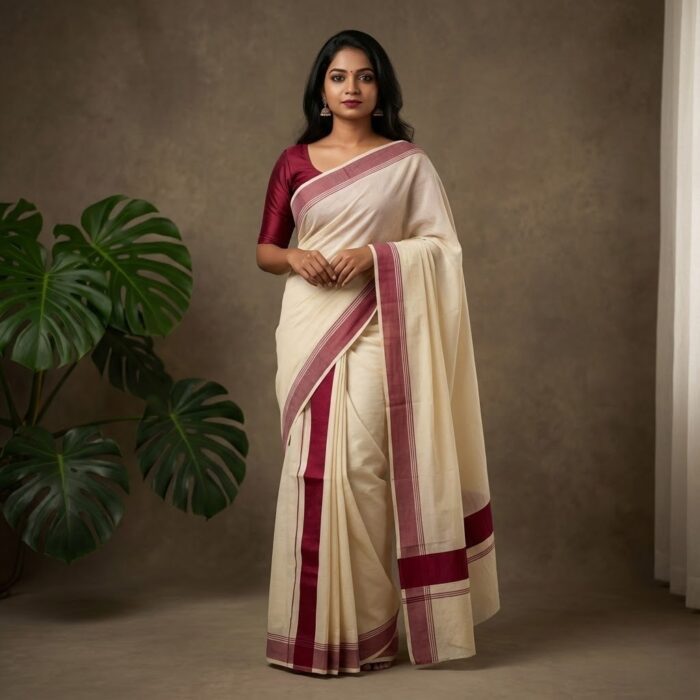 set mundu 33 Kerala Handloom Set Mundu Light Maroon Borders (5) - Image 1