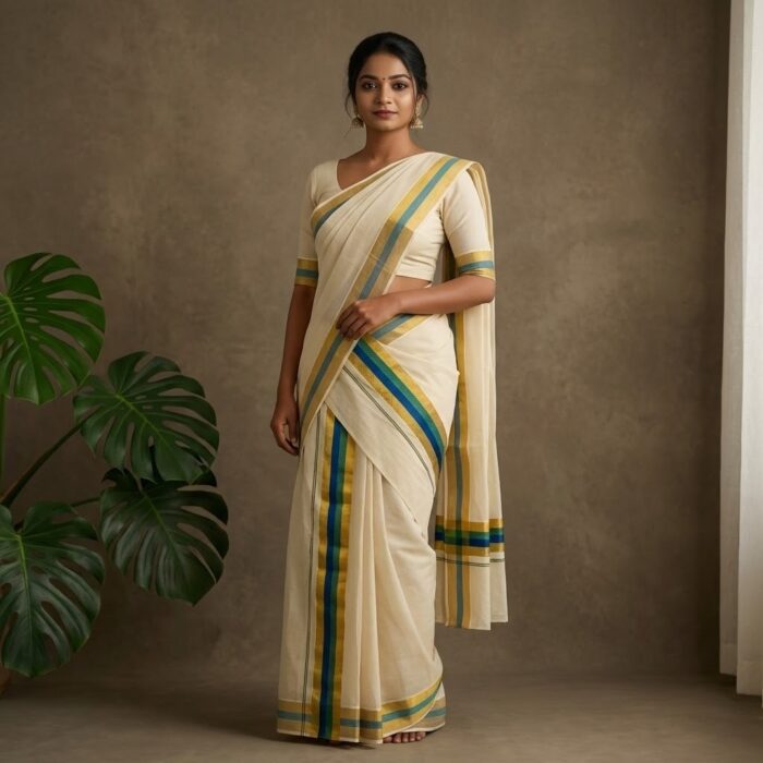 set mundu 34 Kerala Handloom Set Mundu with Multicolor Borders (20) - Image 1