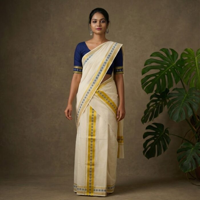 set mundu 35 Kerala Handloom Set Mundu Dark green with Gold Borders (4) - Image 1