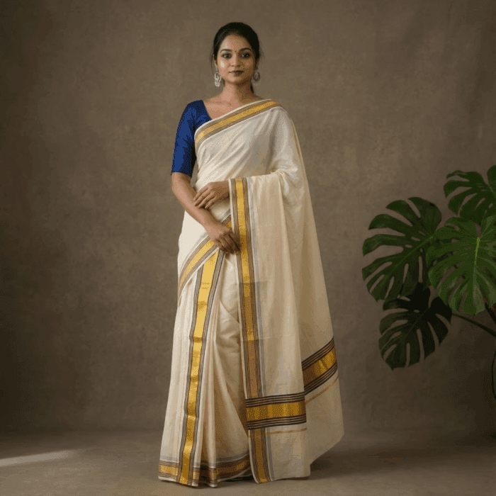 set mundu 36 Kerala Handloom Set Mundu Dark green with Gold Borders (3) - Image 1