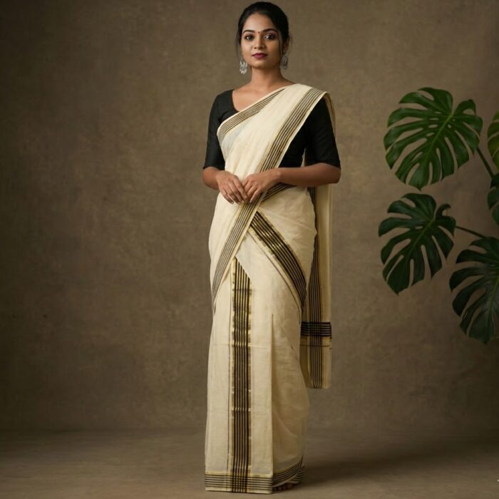 Kerala Handloom Set Mundu Black with Gold Borders (2) - Image 1