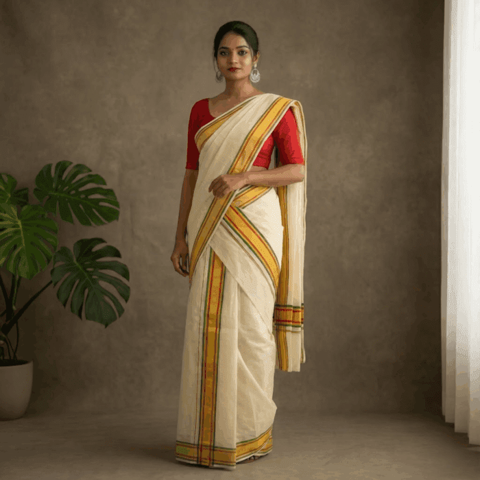 set mundu 39 Kerala Handloom Set Mundu Multicolour Borders (23) - Image 1