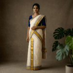 Kerala Handloom Set Mundu Blue with Gold Borders (25)