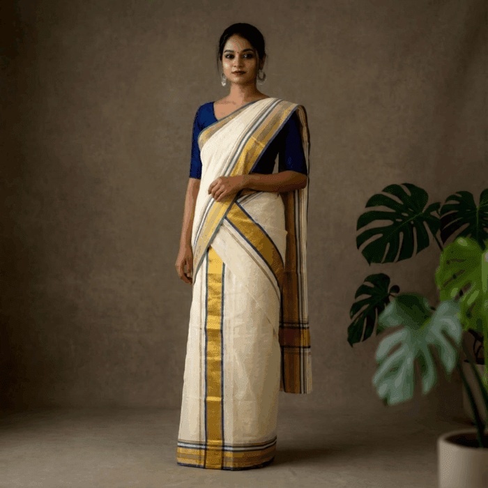 set mundu 40 Kerala Handloom Set Mundu Blue with Gold Borders (25) - Image 1