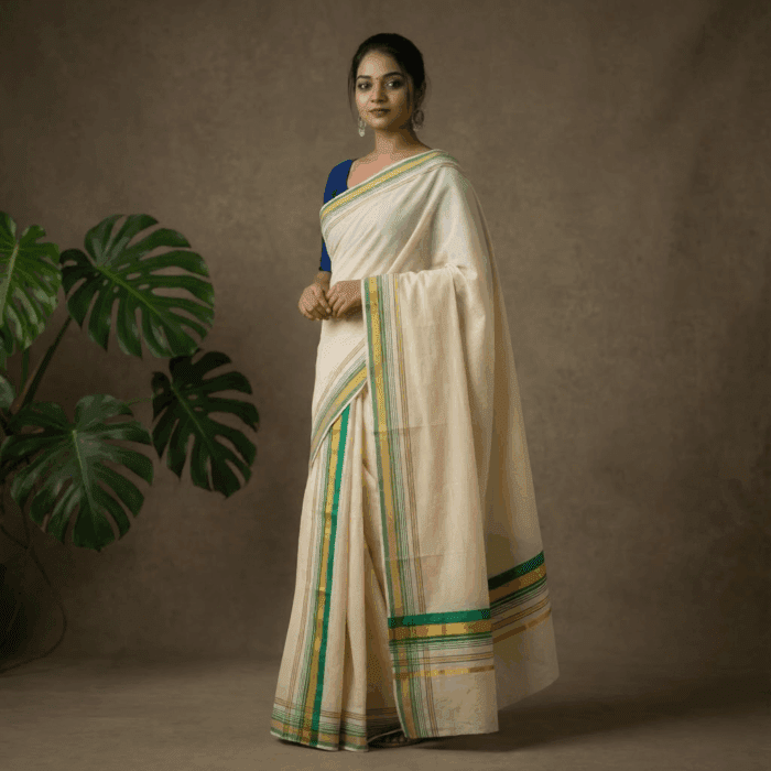 set mundu 41 Kerala Handloom Set Mundu Light Green with Gold Borders (26) - Image 1