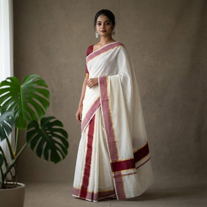 set mundu 43 Kerala Handloom Set Mundu with Maroon Borders (30) - Image 1