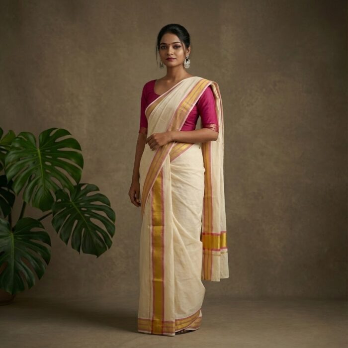 set mundu 45 Kerala Handloom Set Mundu Pink with Golden Borders (32) - Image 1