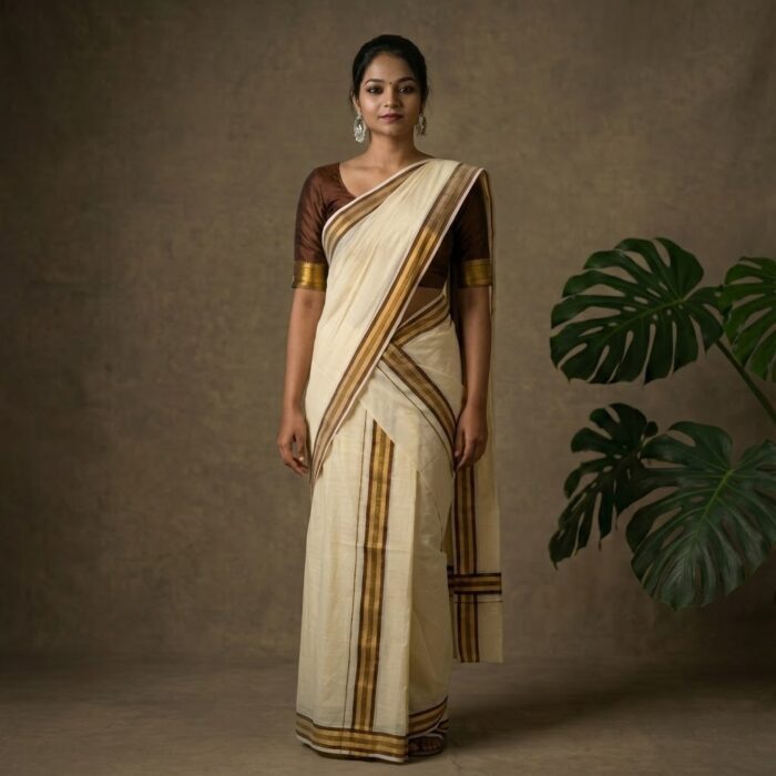 set mundu 53 Kerala Handloom Set Mundu Maroon with Golden Borders (53) - Image 1