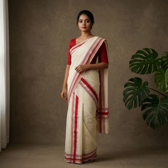 set mundu 55 Kerala Handloom Set Mundu Red with Silver Borders (45) - Image 1