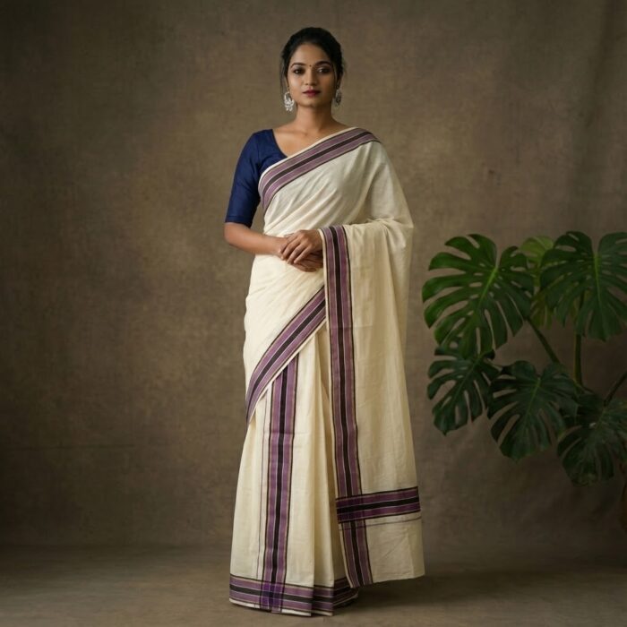 set mundu 56 Kerala Handloom Set Mundu Violet with Black Borders (50) - Image 1