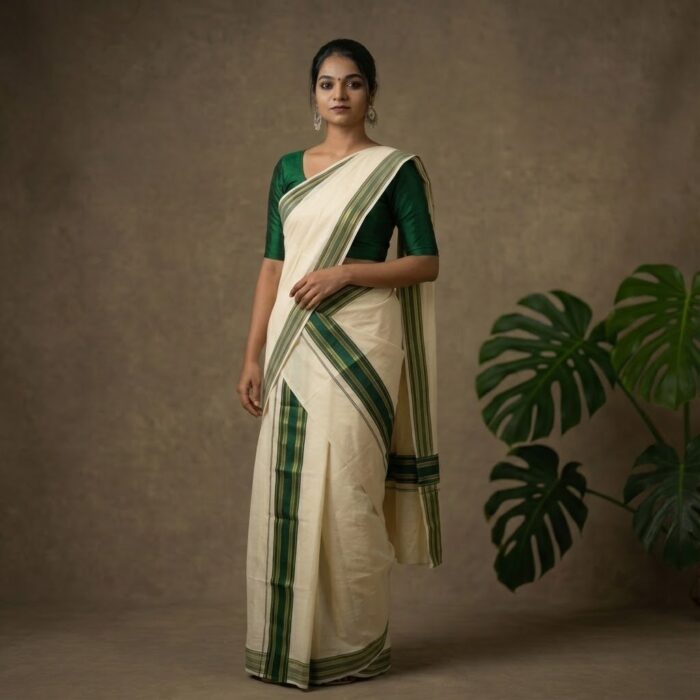 set mundu 59 Kerala Handloom Set Mundu with Green Borders (51) - Image 1