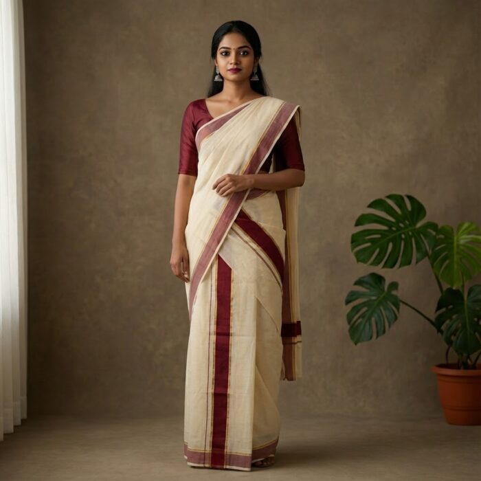 set mundu 60 Kerala Handloom Set Mundu with Maroon Borders (43) - Image 1
