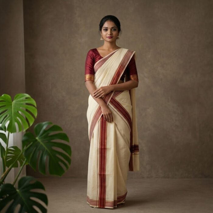 set mundu 61 Kerala Handloom Set Mundu with Maroon Borders (44) - Image 1