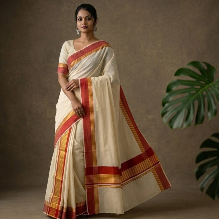 set mundu 62 Kerala Handloom Set Mundu with Orange Borders (41) - Image 1
