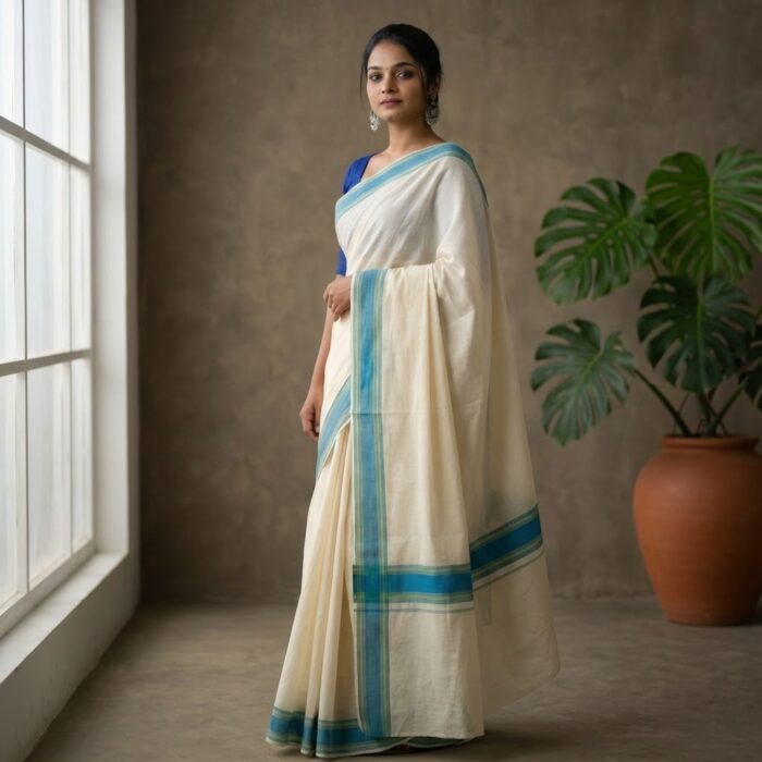 set mundu 63 Kerala Handloom Set Mundu with Sky Blue Borders (42) - Image 1