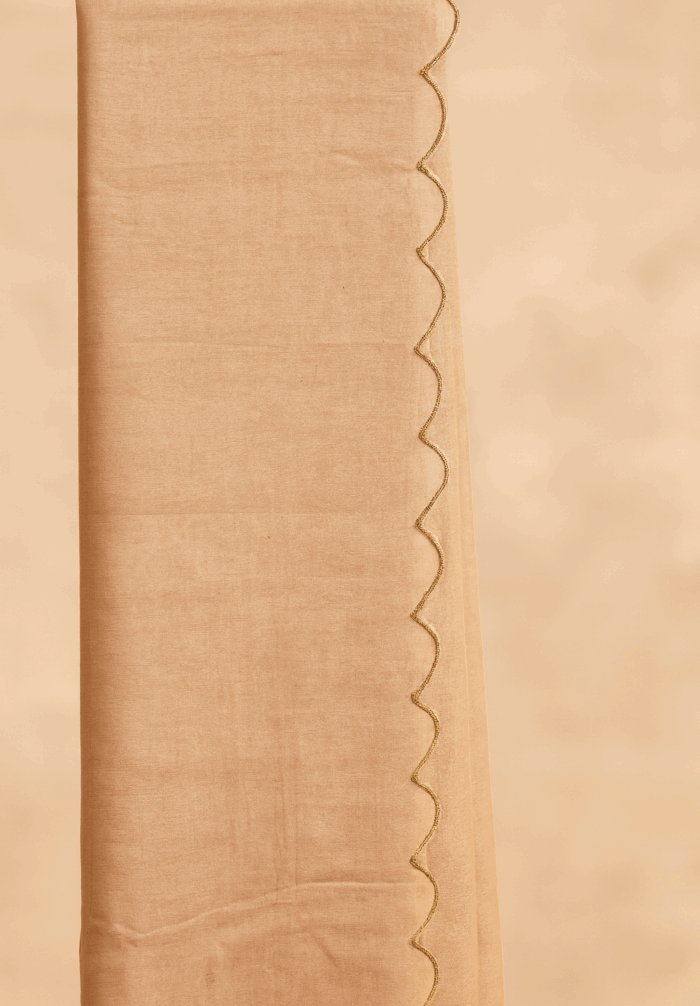 Cream Lotus Scallop Hand-Embroidered Bamboo Tussar Silk Saree (4) - Image 3