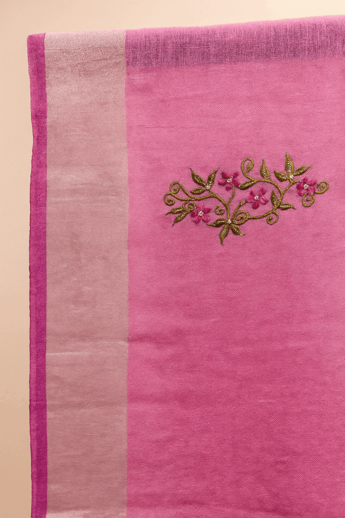 Pink Blossom Elegance Linen Cotton Saree - Image 4