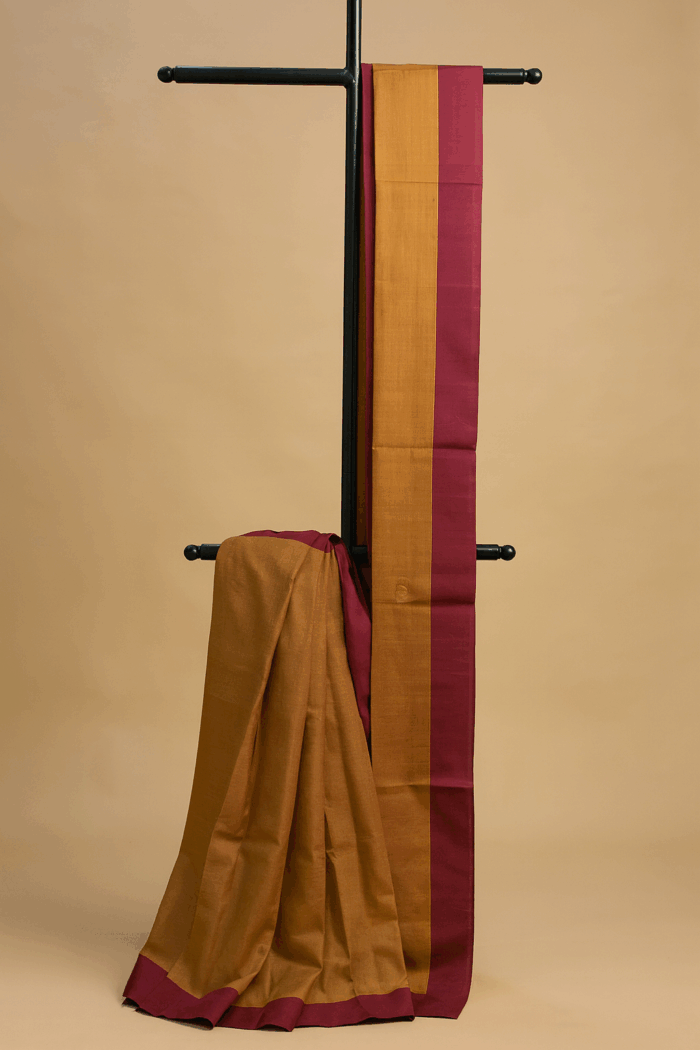 2ff31d48-7e48-474d-b780-2cc5986feae8 Golden brown and Purple Balaramapuram Saree (7) - Image 1
