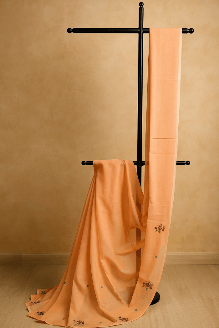 32e65887-8b26-4a2e-b17c-5912b382fa2c Peach Elegance Hand-Embroidered Thread Work Saree - Image 1