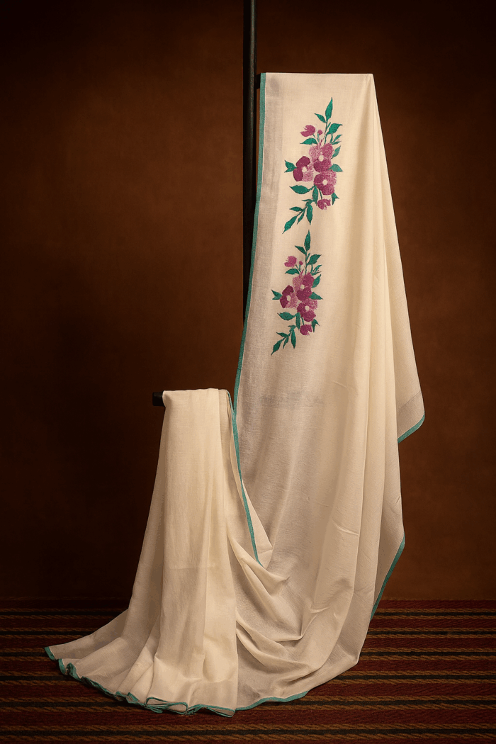3aa16ce1-9678-4b23-b63f-c6fd2e750171 Green Blossom Elegance Linen Cotton Saree - Image 1