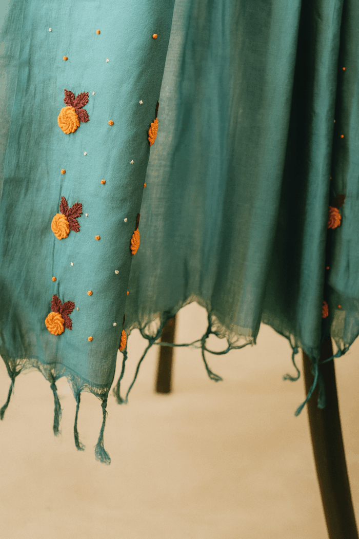 Teal Blue with Floral Embroidery Bamboo Tussar Silk Saree (1) - Image 2