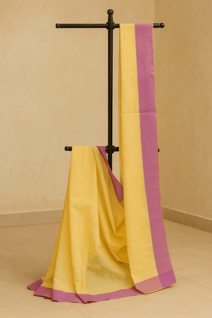 5c8eed46-a521-40f2-a329-5a30e9a2df6d Yellow and Pink Balaramapuram Cotton Saree (1) - Image 1