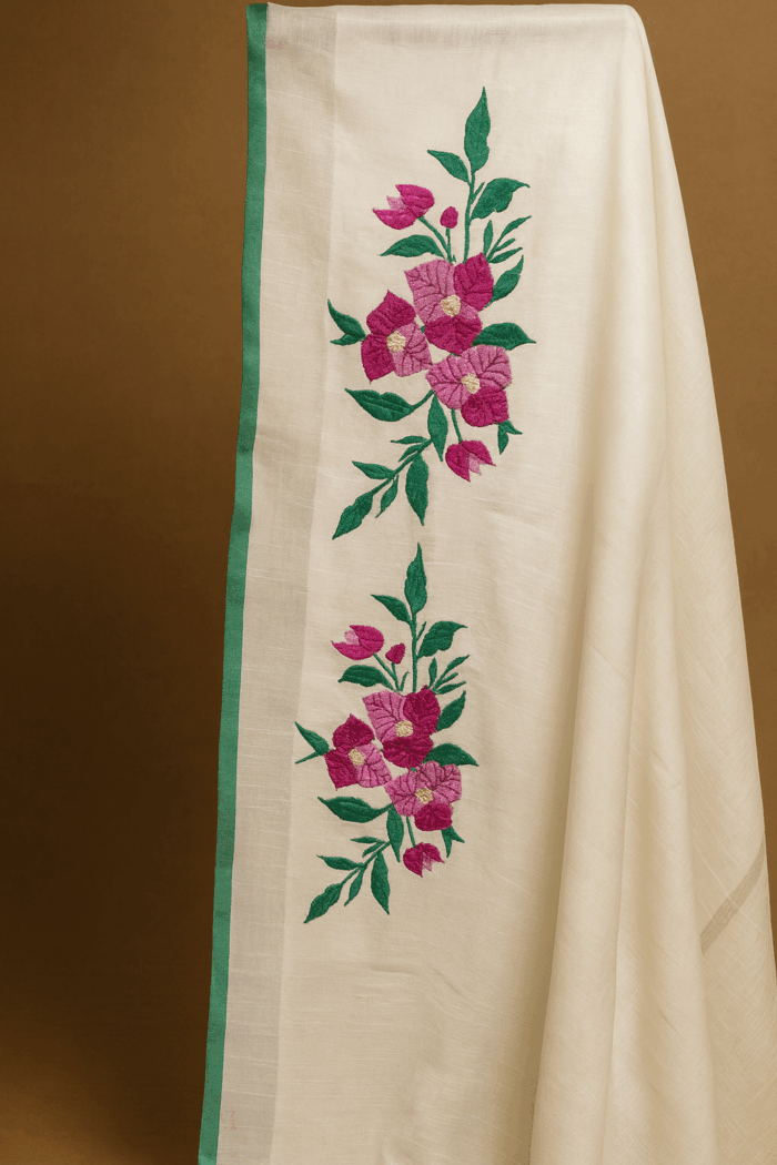 Green Blossom Elegance Linen Cotton Saree - Image 3