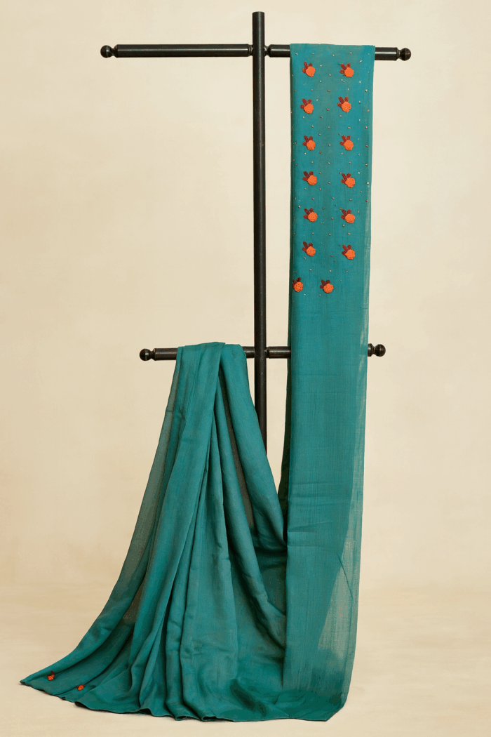 6fd9deb5-4e5c-4348-8cd9-428644ba8066 Teal Blue with Floral Embroidery Bamboo Tussar Silk Saree (1) - Image 1