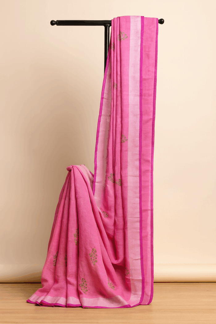 7ea00bcd-52c1-4707-b833-bfade658e4f0 Pink Blossom Elegance Linen Cotton Saree - Image 1