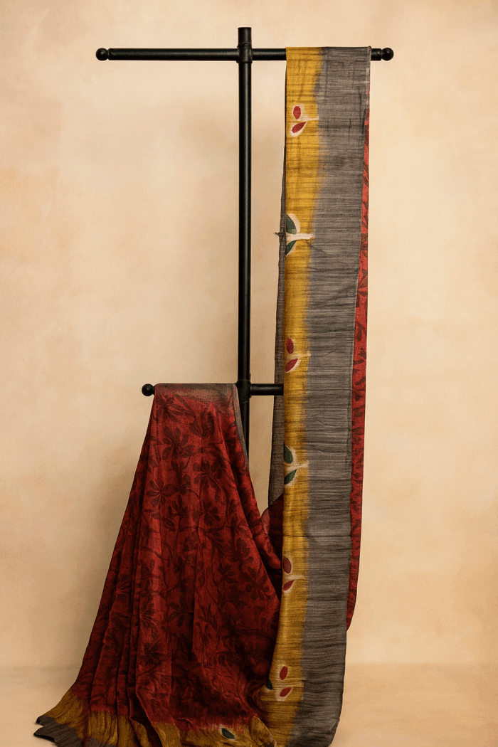 a009f1a8-b2f3-4008-86a6-1de685028e5c Floral Print Jute Silk Saree - Image 1