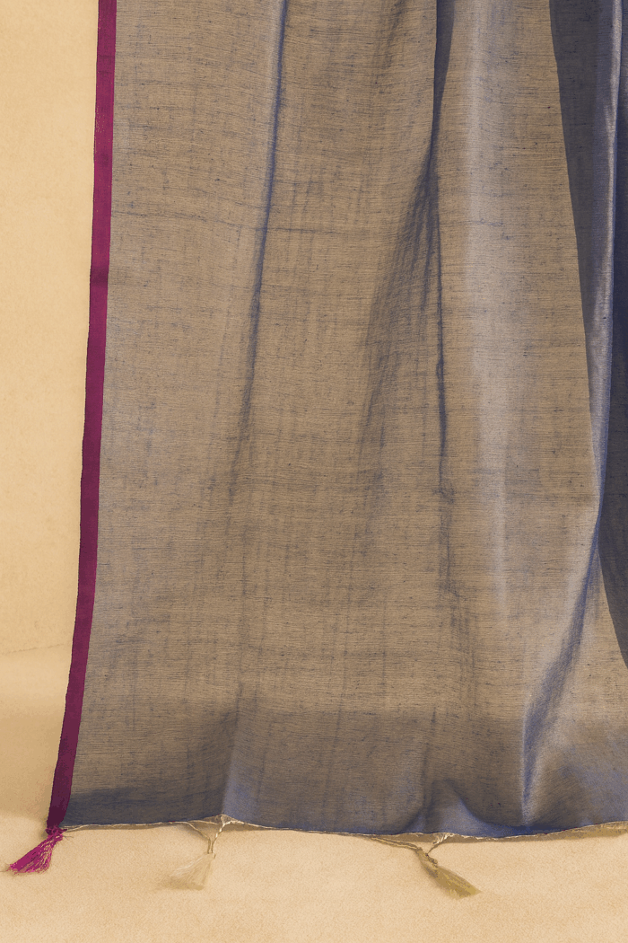 Royal Blue Plain Linen Tissue Saree - Image 3
