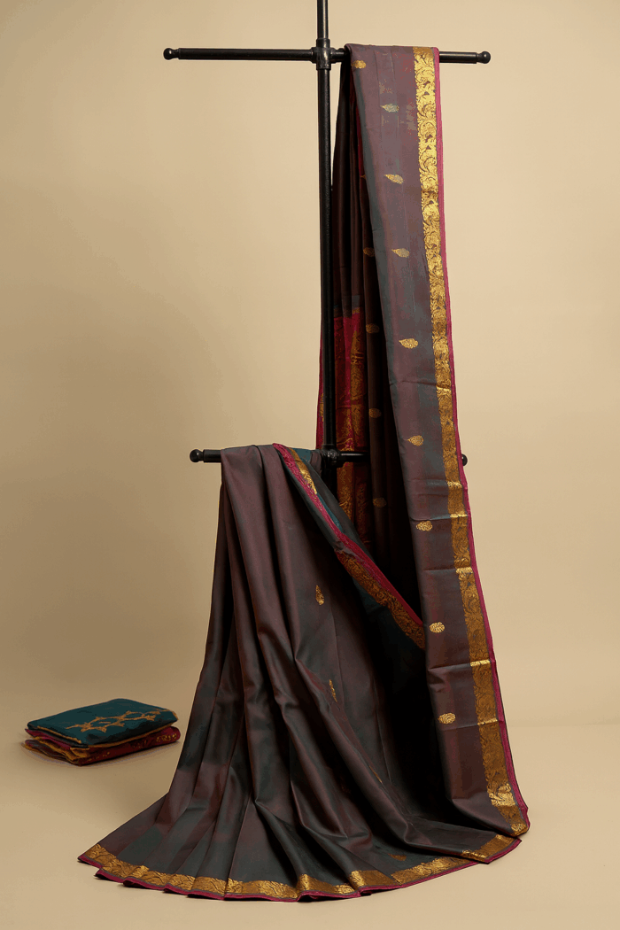 Greyish-blue with Golden Kanchipuram Silk Saree (53) - Image 2