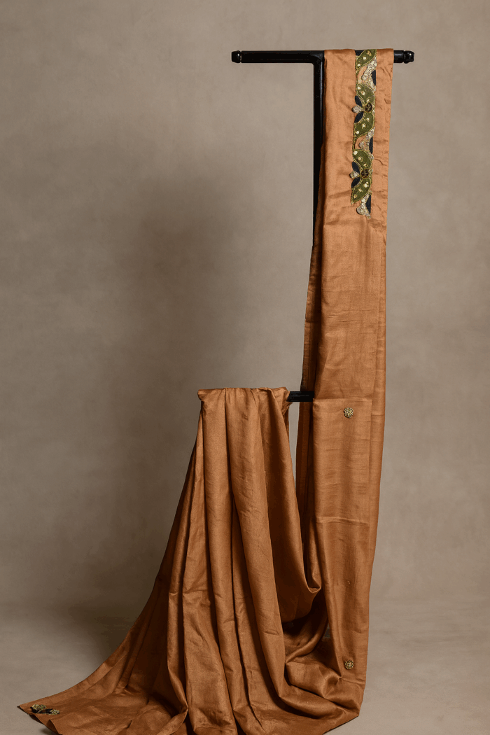 c46ada33-842f-4f8b-b595-ab05767b1664 Orange Hand Embroidery Tussar Silk Saree (10) - Image 1