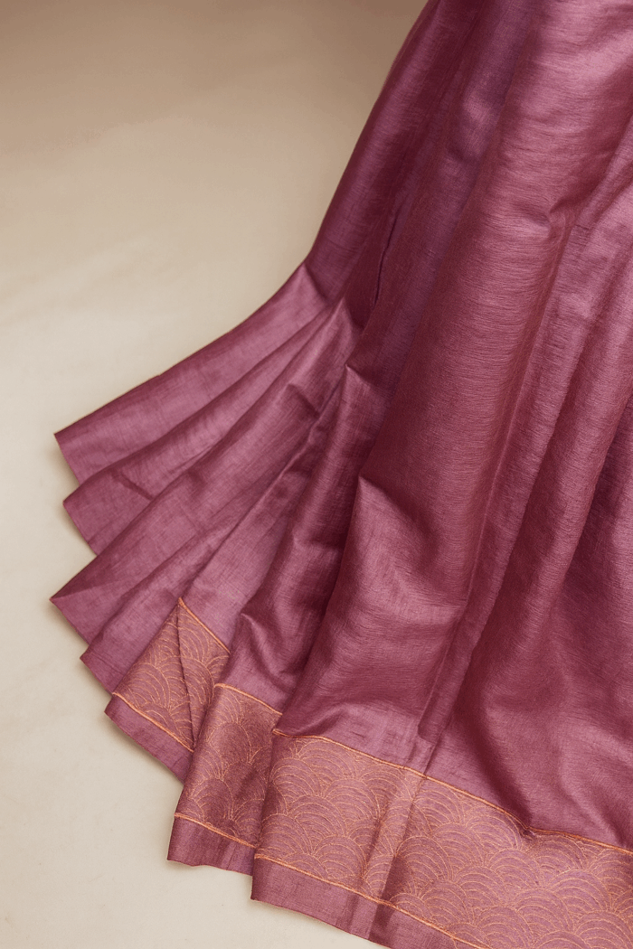 Dark Pink Embroidery Tussar Silk Saree (5) - Image 4