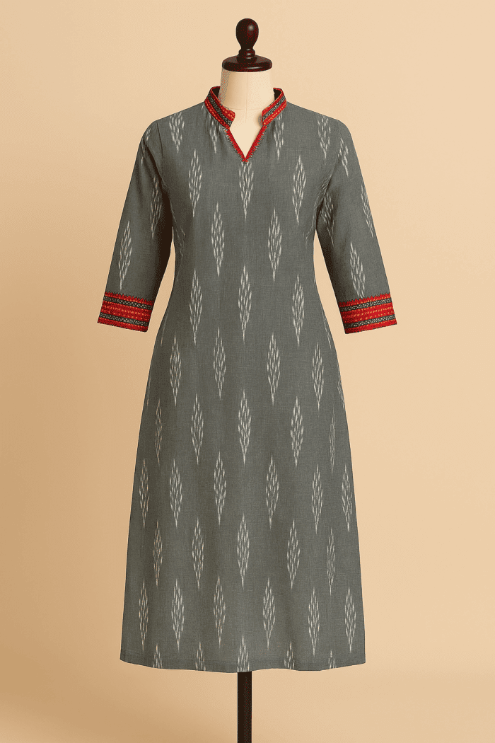 d33c6717-02b3-468b-a2a3-e163dbef8a38 Grey Ikat Elegance Cotton Kurta - Image 1