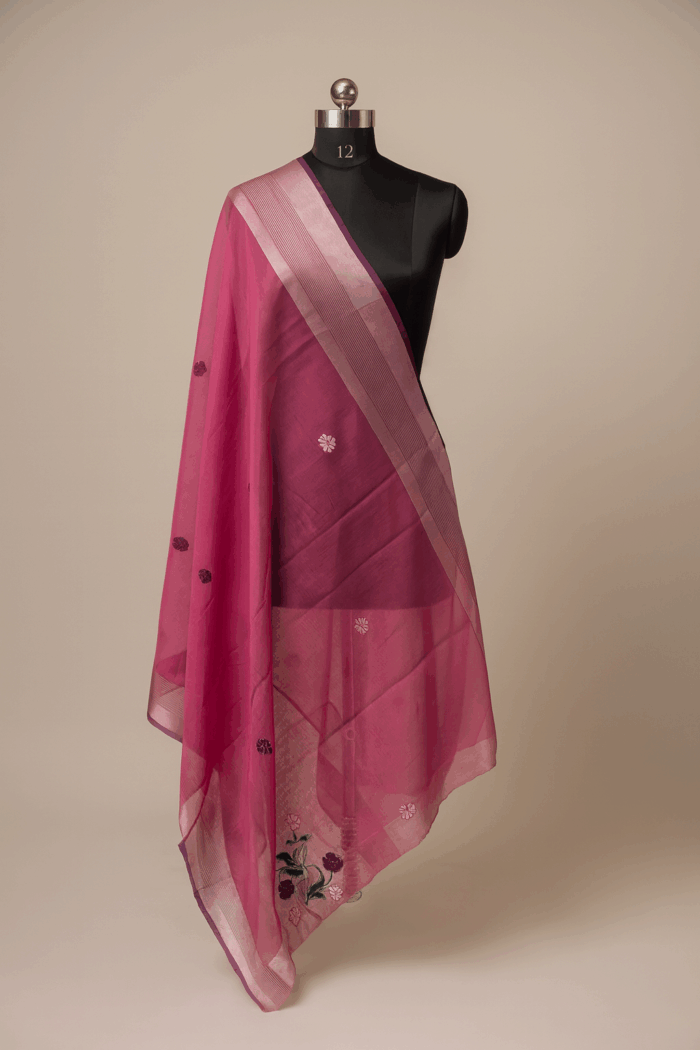 dbf1bb40-ff12-4a57-a8fb-56f738ec3c20 Dark Pink Hand Embroidery Dupatta (10) - Image 1