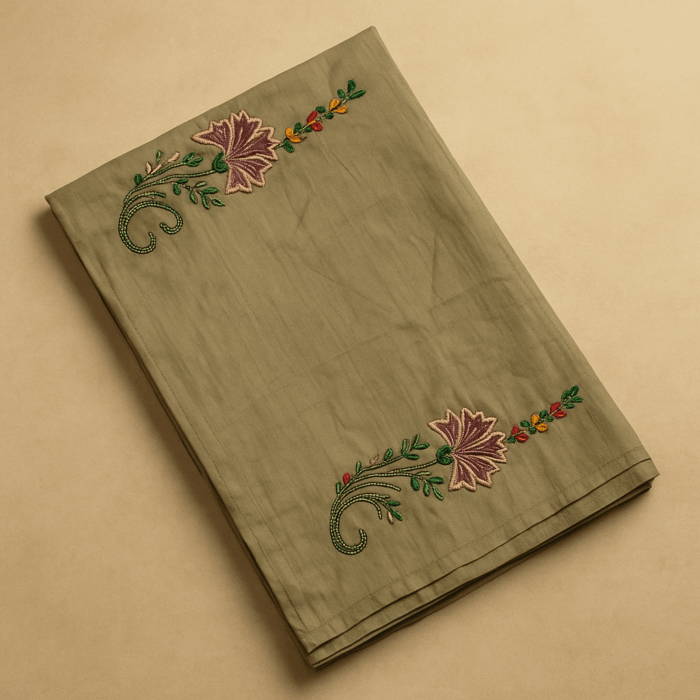 Olive green Hand Embroidery Matka Silk Saree (11) - Image 4