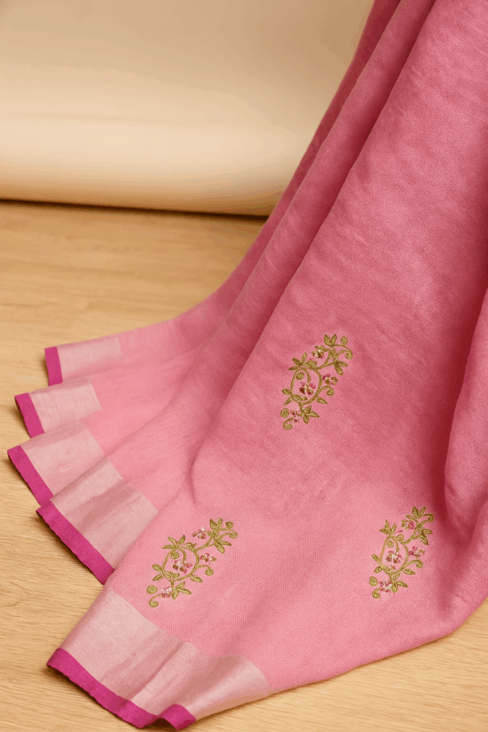 Pink Blossom Elegance Linen Cotton Saree - Image 2