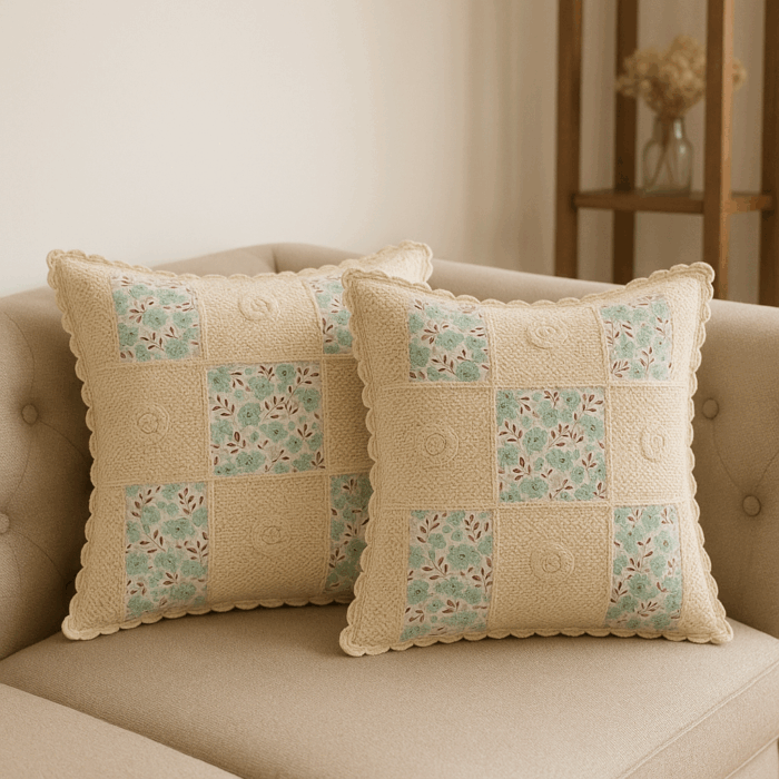 16c1(1) Handcrafted Mint Meadow Crochet Cushion Cover (16×16 inches) - Image 1