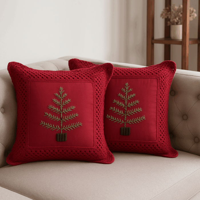 16c11(1) Crimson Pine Comfort Crochet Cushion Cover (16*16 inches) - Image 1